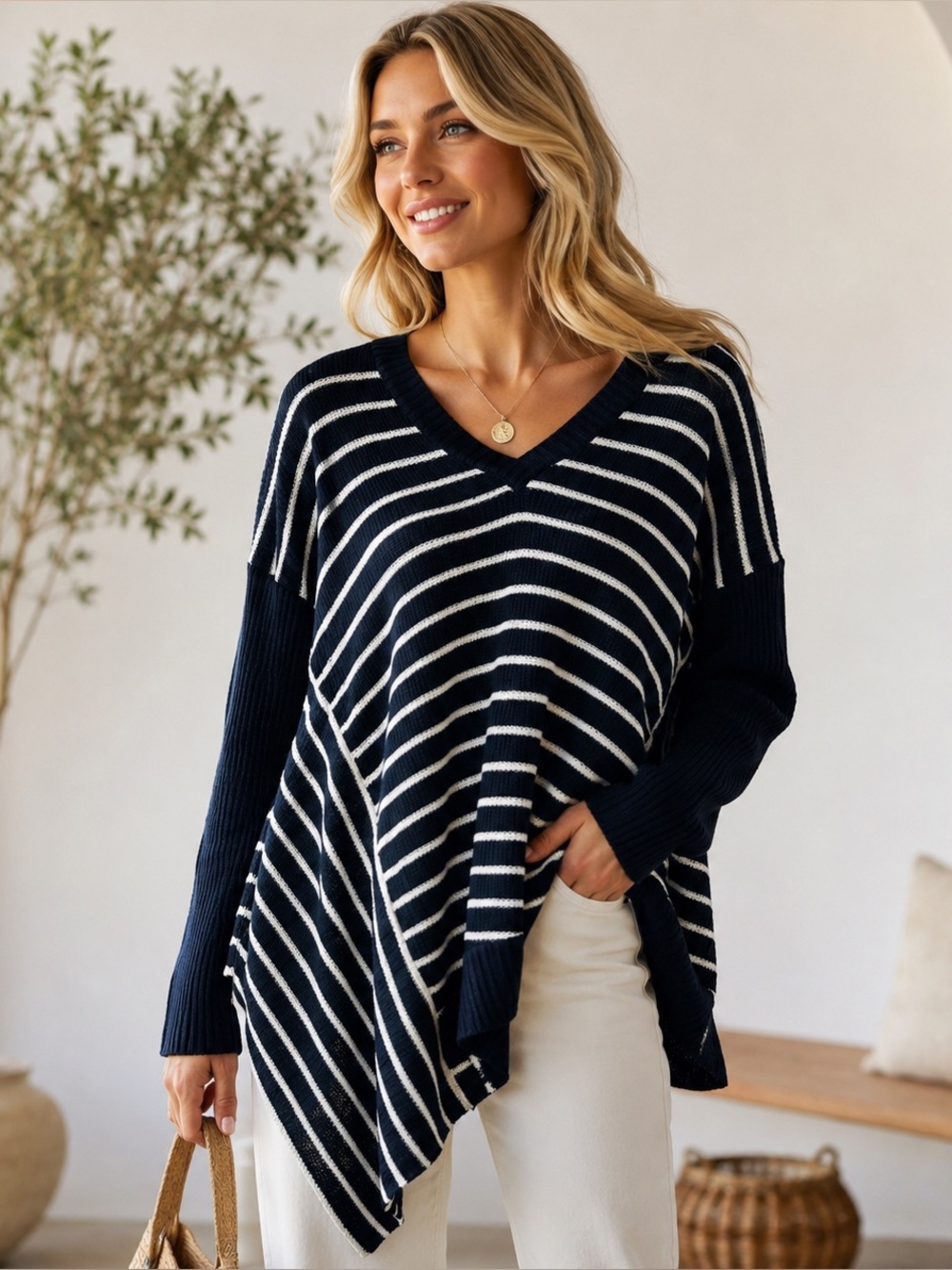 W by Worth Women’s Linen Blend Asymmetrical Striped Sweater Sz M Navy White